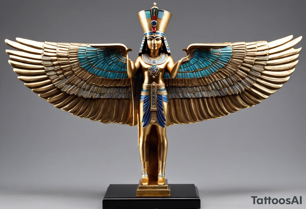 Wings: The figure has huge, extended wings that are decorated with feathers. The curve of the wings is elegant and symmetrical.

Headdress: On his head is a special headdress that resembles an Egyptian-style crown.

Clothing: The figure wears elaborate clothing decorated with geometric patterns, which refers to the characteristics of Egyptian art.

Position: The deity is depicted in a seated position with legs bent and hands resting on the outer parts of the wings as if supporting the wings with outstretched arms. tattoo idea