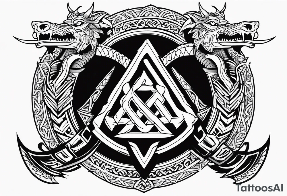 Valhalla sword shield dragon axe Valknut tattoo idea