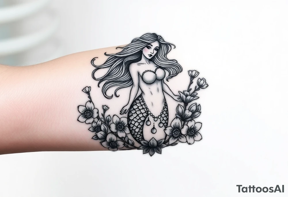 ethereal mermaid with flowing hair among coral and sea flowers tattoo idea