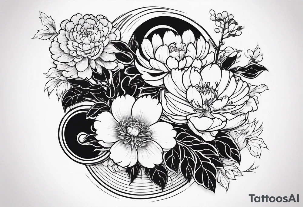 Full sleeve japanese peonies and chrysanthemum and cherry blossoms in black water tattoo idea
