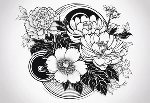 Full sleeve japanese peonies and chrysanthemum and cherry blossoms in black water tattoo idea