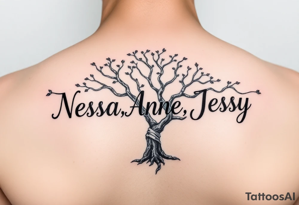 the name Nessa, Anne, Jessy in a live tree tattoo idea