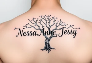 the name Nessa, Anne, Jessy in a live tree tattoo idea