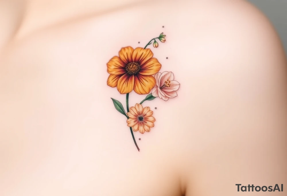 marigold, lily of the valley, and chrysanthemum tattoo idea