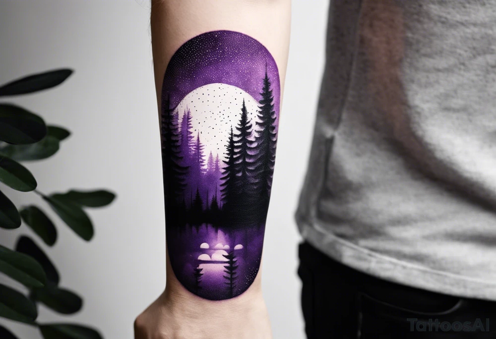 forest, abstract, on hand, no people, purple and black, full, whole wrist wrapped tattoo idea