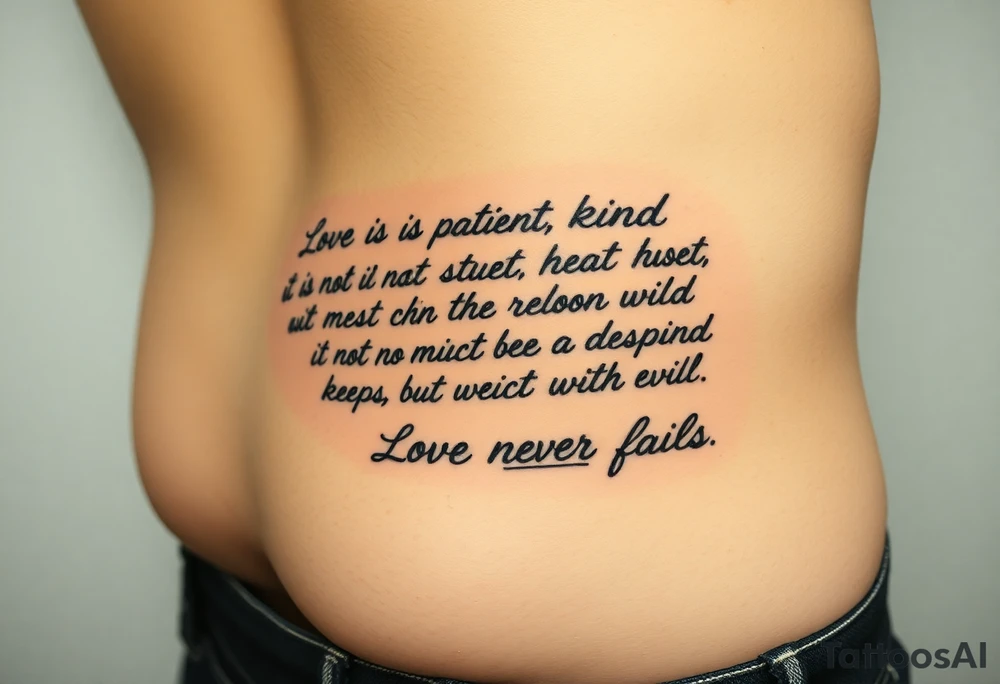 A handwritten tattoo above a man's right hip that takes up about 1/2 of his waist without coming close to his navel that reads,
Love is patient, love is kind. It does not envy, it does not boast, 
it is not proud. It does not dishonor others, it is not self-seeking, 
it is not quick to anger, it keeps no record of wrongs.
Love does not delight in evil but rejoices with the truth. 
It always protects, always trusts, always hopes, always perseveres.
Love never fails.


8 Love never fails." tattoo idea