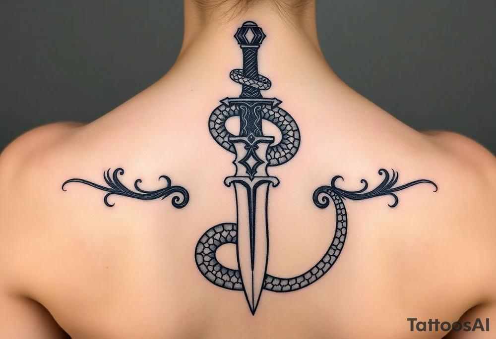 mystical snake coiled around an ancient dagger with jeweled hilt tattoo idea