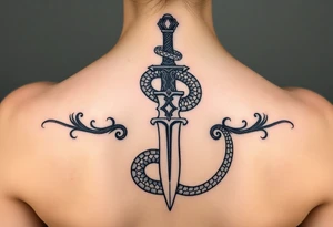 mystical snake coiled around an ancient dagger with jeweled hilt tattoo idea