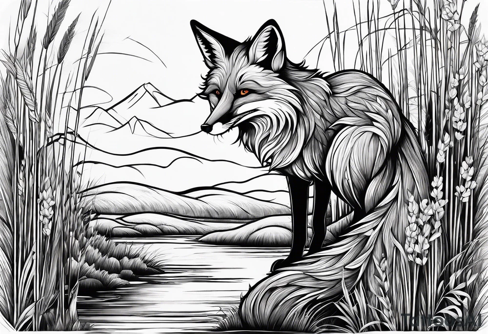 Creepy fox in the reeds jumping tattoo idea