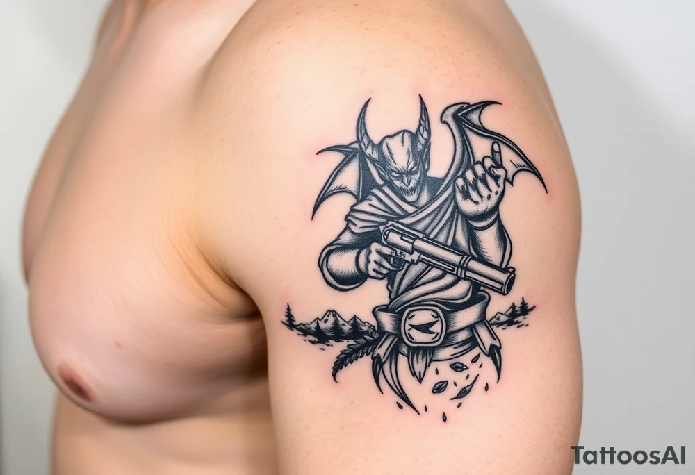 demon in cowboy-clothing,big gun,landscape. tattoo idea