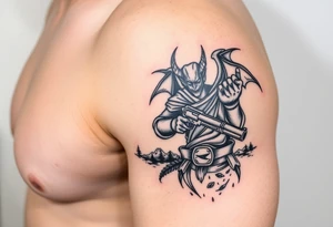 demon in cowboy-clothing,big gun,landscape. tattoo idea