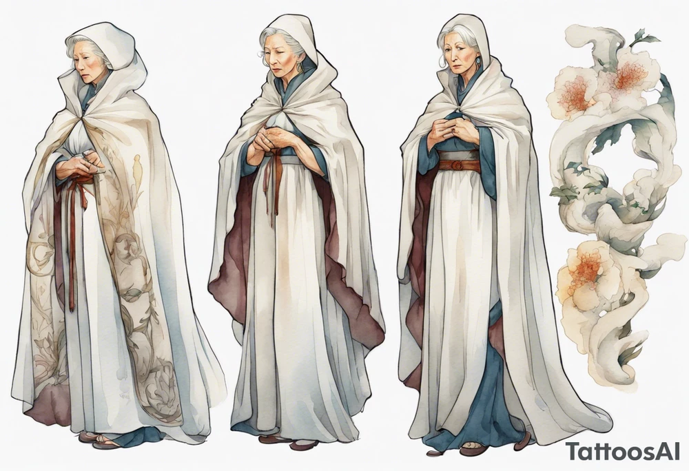 medieval Helen Mirren dressed in white cloak, sad tattoo idea
