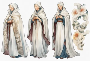 medieval Helen Mirren dressed in white cloak, sad tattoo idea