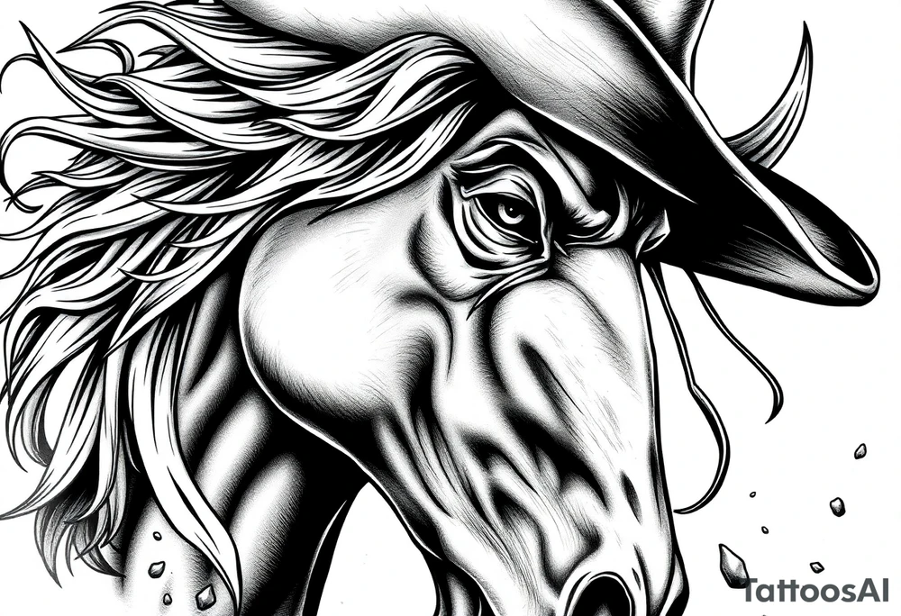 Close-up on a demon cowboy's face, horse's mane flowing, volcanic ash falling. tattoo idea