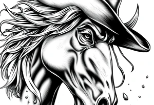 Close-up on a demon cowboy's face, horse's mane flowing, volcanic ash falling. tattoo idea