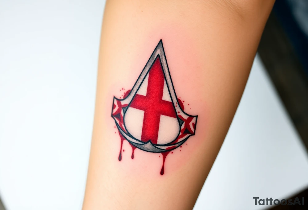 Assassins Creed emblem with England flag inside. Blood splashes incorporated into logo. tattoo idea