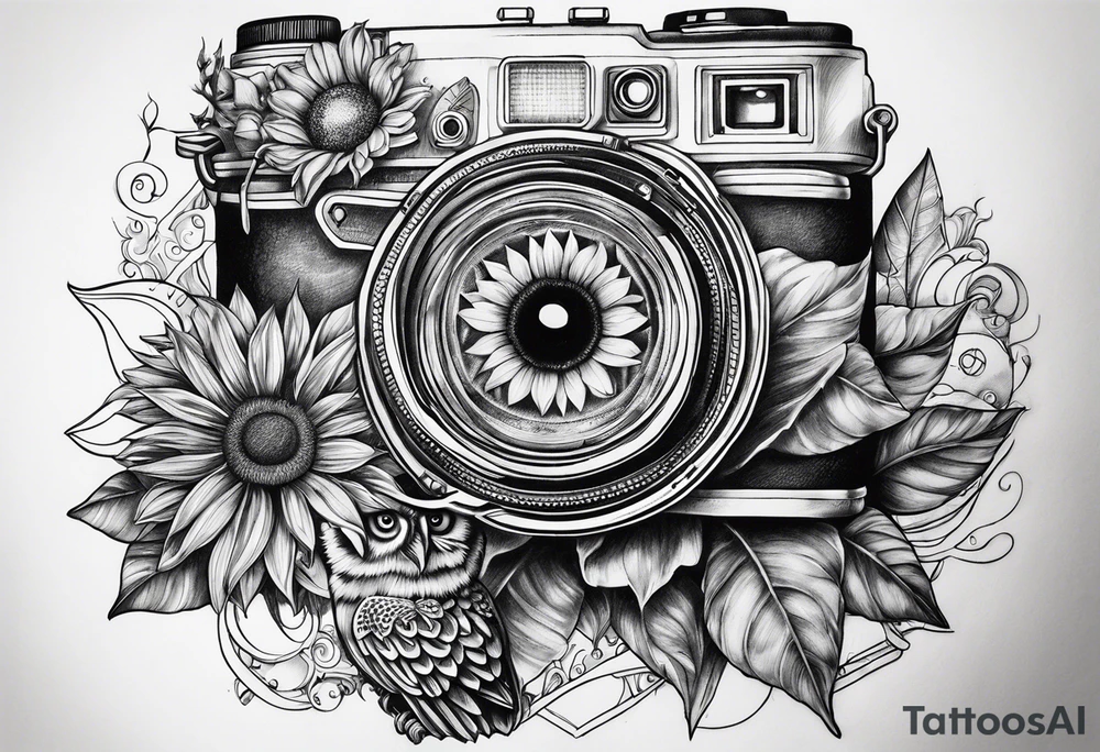 sunflower, camera, fish, owl tattoo idea