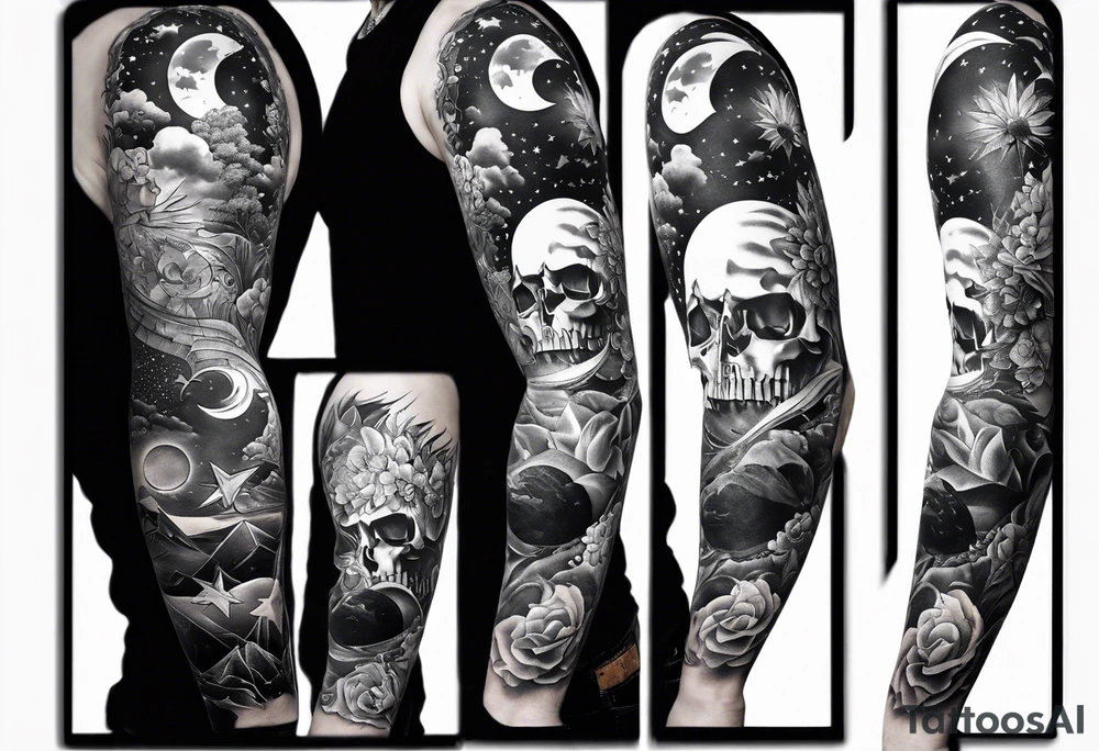 Collage for full left arm sleeve with:
2 stars,
quarter moon,
bass guitar,
caduceus symbol tattoo idea