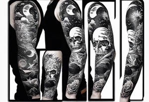Collage for full left arm sleeve with:
2 stars, 
quarter moon, 
bass guitar, 
caduceus symbol tattoo idea