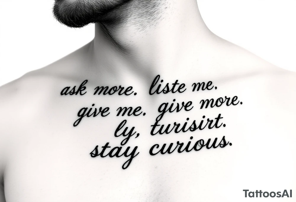 a tattoo on a man's front left clavicle that reads ask more. listen more. give more. love first. stay curious. tattoo idea