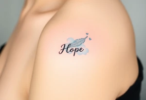 A delicate white and baby blue feather, softly blending into a cloud-like texture, with the word "Hope" inscribed in calligraphy, evoking purity and new beginnings tattoo idea