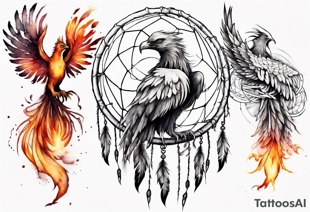 Fire Phoenix flying out of dream catcher tattoo idea