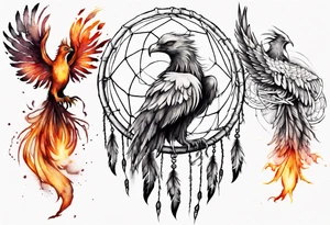 Fire Phoenix flying out of dream catcher tattoo idea
