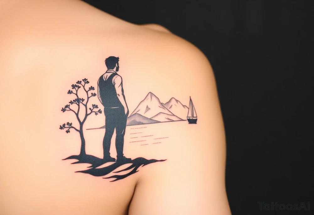 I want a minimalist design that will go on my right bicep, of a man's silhouette of a man on a shoreline, with a tree to his left, looking out at mountains in the distance, and a sailboat in the foreground.  but I want this around the arm, elbow and bicep area.  more of a wrap around on the arm please.   bottom left is okay, but less focus on the man's silhouette.  on the arm, not on the shoulder tattoo idea