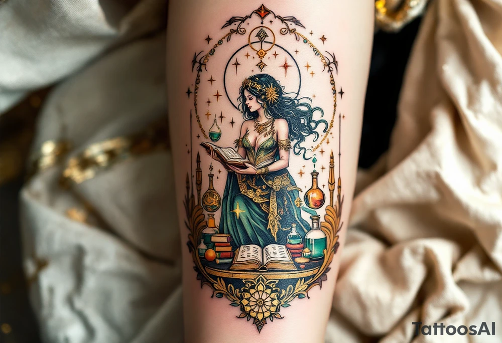A Virgo figure as an alchemist, surrounded by books, vials, and magical symbols, embodying intelligence and perfectionism. The design is rich in emerald green, warm copper, and antique gold, highlighting Virgo’s analytical and detail-oriented nature. tattoo idea