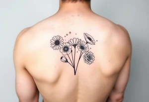 Simple small minimalist cartoon 
line tattoo of flower bouquet in order of these flowers, daisy, cosmo, poppy, chrysanthemum, cosmo tattoo idea