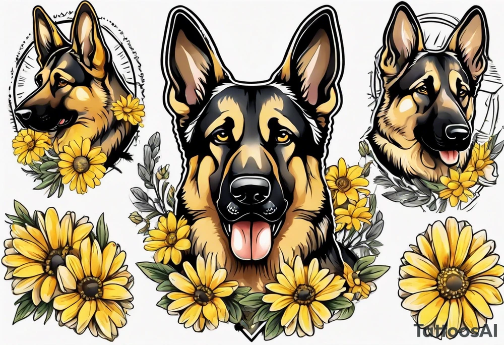 German shepherd portrait surrounded by yellow daisies tattoo idea