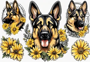 German shepherd portrait surrounded by yellow daisies tattoo idea