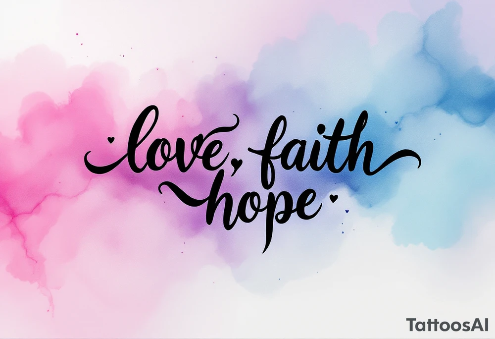 Black ink "love, faith,hope" with a watercolor background blending soft pink, lavender, and sky blue. tattoo idea