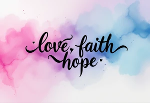 Black ink "love, faith,hope" with a watercolor background blending soft pink, lavender, and sky blue. tattoo idea