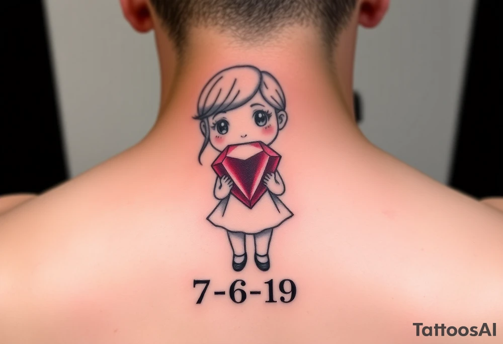 Cartoon style Ruby gem stone being held by a little girl  with 7-6-19 underneath tattoo idea