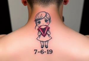Cartoon style Ruby gem stone being held by a little girl  with 7-6-19 underneath tattoo idea