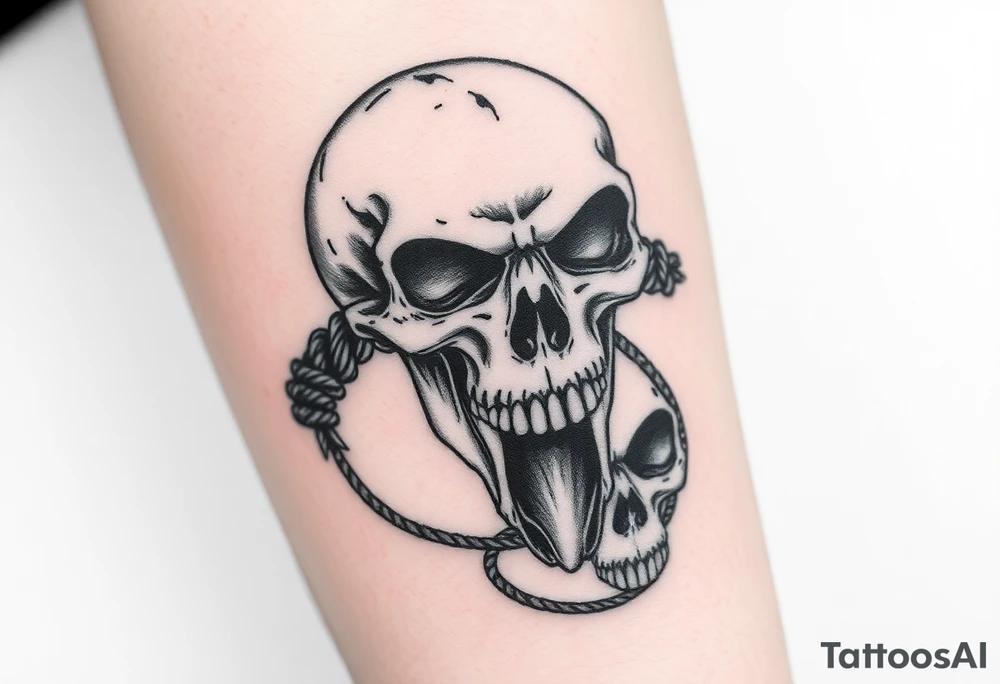 tattoo depicts a detailed skull with large fangs and ropes tied around it. The skull is surrounded by black feathers, with part of another skull visible underneath. The tattoo is done in a black and gray technique, which gives it a dramatic and mystical look tattoo idea