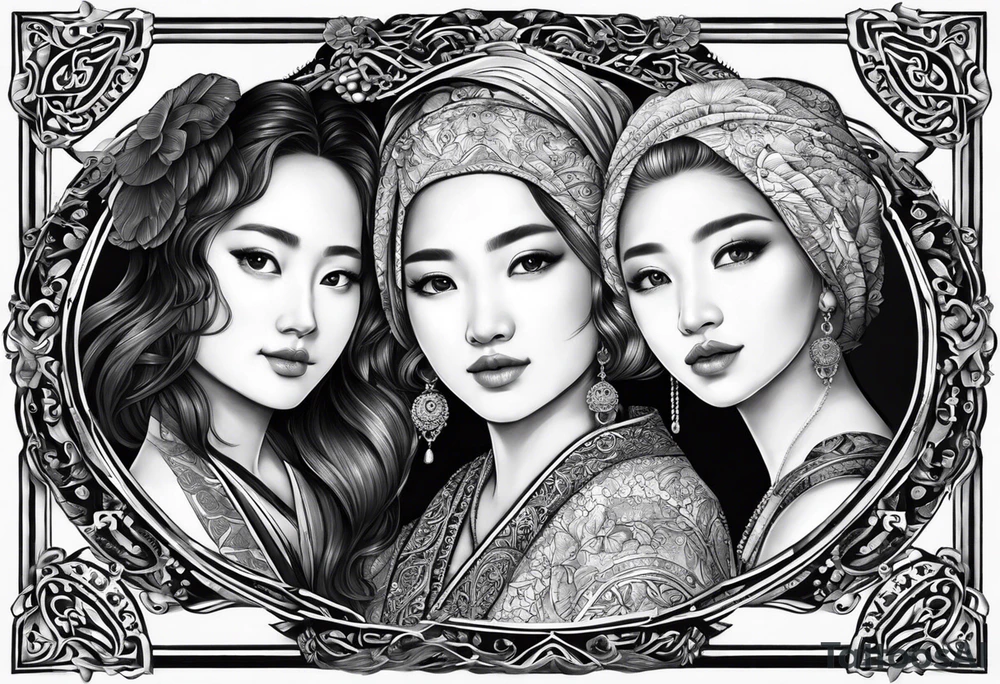 three eurasian people side by side. a really really young Daughter on the left, mother in the middle, really really old grandmother on the right. greater age difference, in an artfully decorated frame tattoo idea