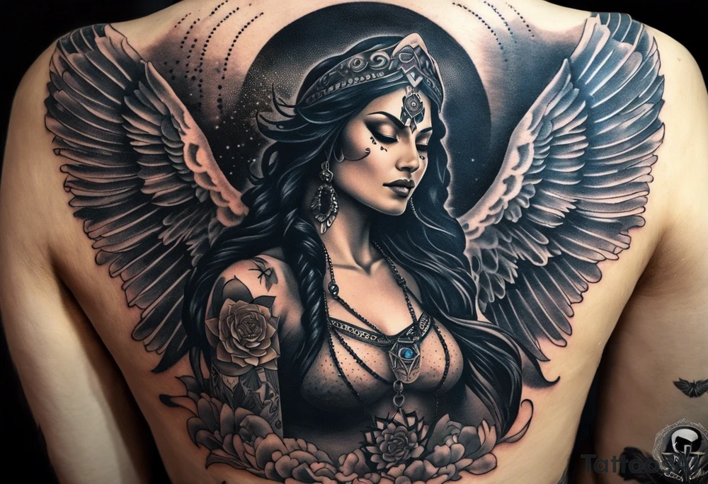 black kali, goddess pirate, alien, angel, pachamama, valkrye, warrior, flying, skull, lotus azul, wing, eagle, zenza resonance, stars, 5D, anahata chakra, death, durga, riding on a tiger, flying lady, chest tatoo tattoo idea