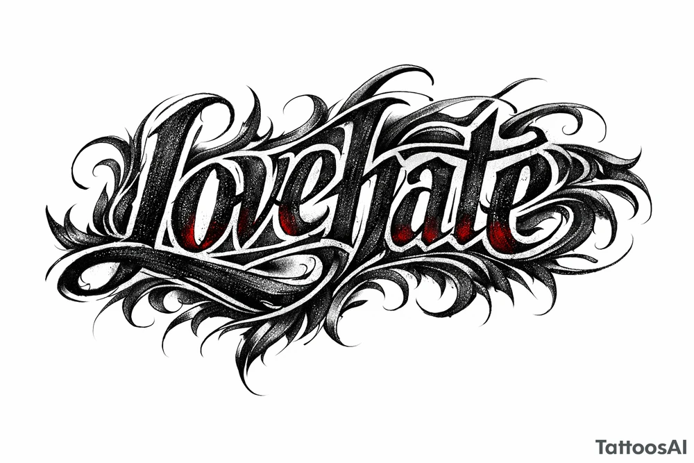 Textured font 'lovehate' in charcoal with deep red highlights.combine the two words to make one word overlapping love and hate tattoo idea