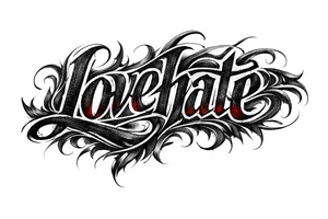 Textured font 'lovehate' in charcoal with deep red highlights.combine the two words to make one word overlapping love and hate tattoo idea