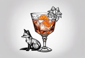 Geometric sly fox with Negroni in short lowball cocktail glass with ice and orange peel tattoo idea