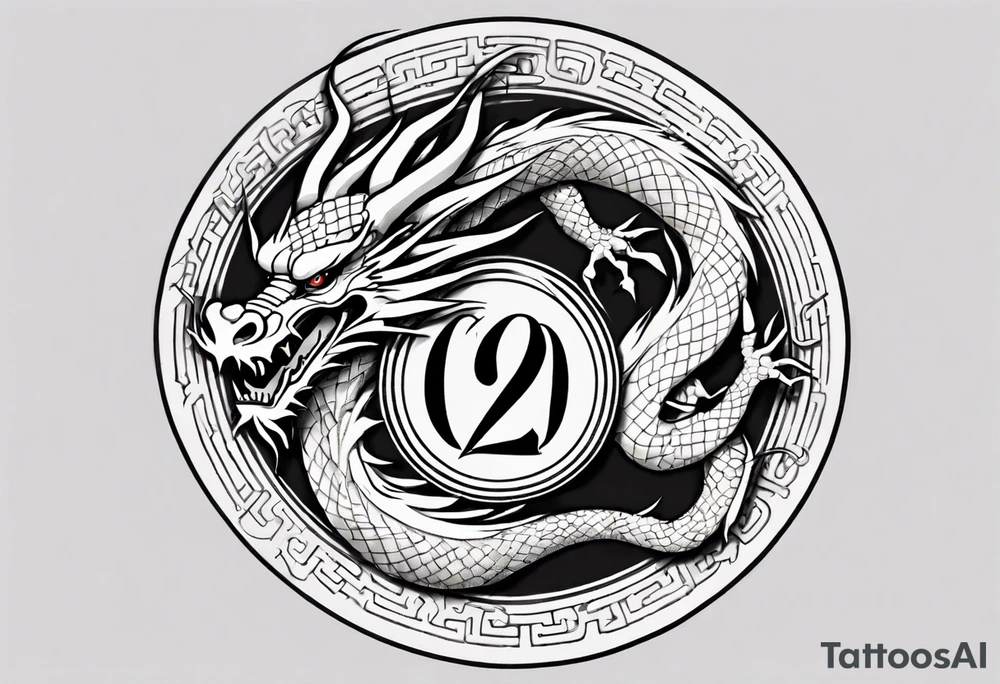 Chinese dragon in a circular shape with "02.03" written on its skin tattoo idea