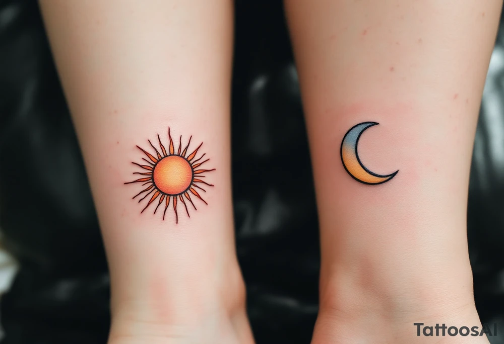 One has the sun’s fiery rays in orange and amber, and the other a crescent moon in gray and pale blue, forming a celestial cycle when side by side. tattoo idea
