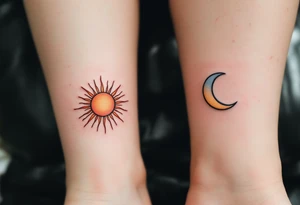 One has the sun’s fiery rays in orange and amber, and the other a crescent moon in gray and pale blue, forming a celestial cycle when side by side. tattoo idea