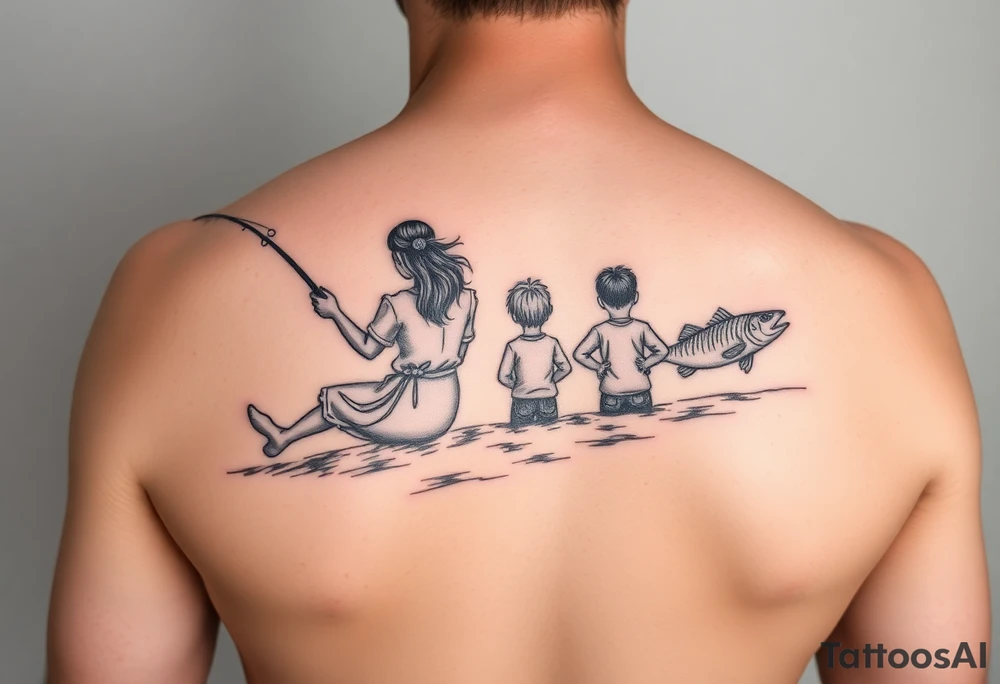 Dad fishing with 3 kids 
Daughter and 2 sons tattoo idea