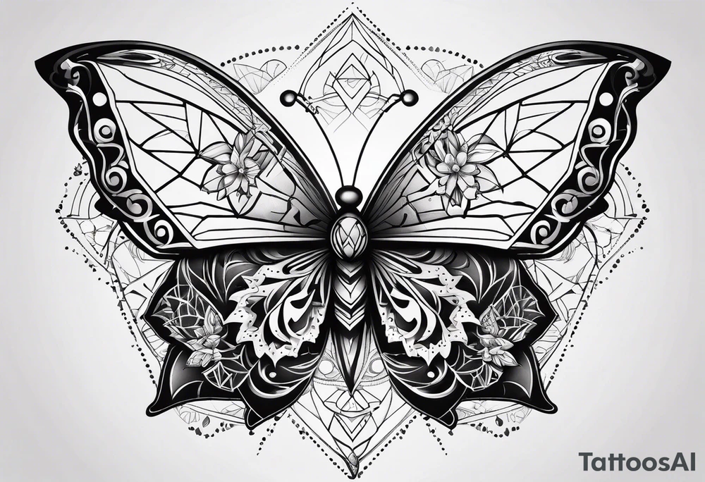 Minimalistic butterfly on the background of the mandala diamond network tattoo idea