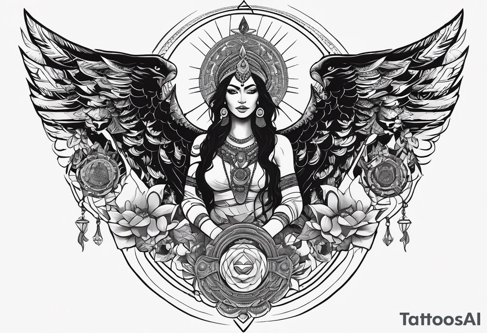 black kali, goddess pirate, alien, angel, pachamama, valkrye, warrior, flying, skull, lotus azul, wing, eagle, zenza resonance, stars, 5D, anahata chakra, death, durga, riding on a tiger, flying lady, kundalini, chest tatoo, samuri, rebel, serpent tattoo idea