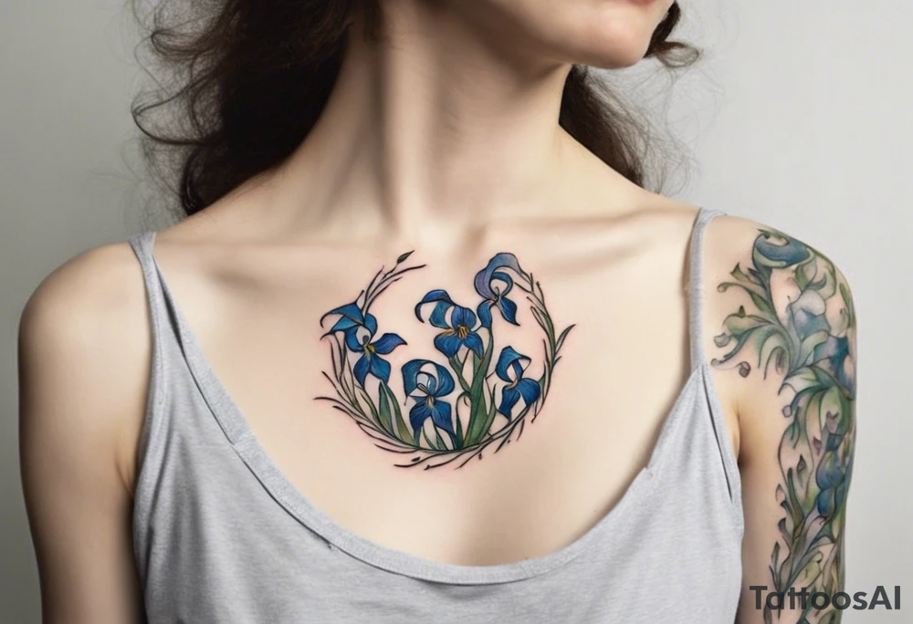 Create a small Vincent van Gogh Irises tattoo. The tattoo should take the form of a crescent, with vines gracefully intertwining at a central point in the middle of the wreath with a bird. The intended placement is on the upper chest. The overall design should be small in size while maintaining a delicate and artistic aesthetic. Pay attention to the graceful flow of the vines and the placement of the irises to achieve a refined and elegant look. tattoo idea