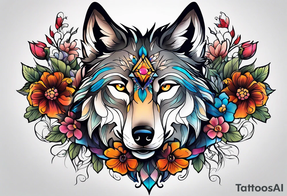 Wolf, flower, cross tattoo idea